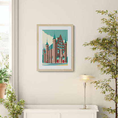Vleeshuis Antwerp architectural illustration art print showing the historic medieval building with towers and red doors in a modern graphic style, 30x40 cm wall art