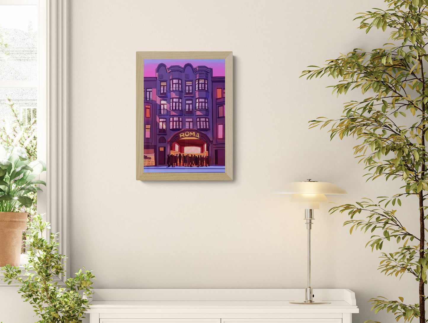 Digital art print of De Roma concert hall in Antwerp by Valeria Maggiani, purple and pink evening scene with silhouetted people, A4 format, printed in Belgium, perfect gift for Antwerp and music lovers.