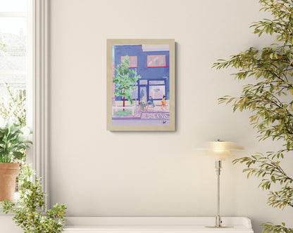 Antwerp Summer Coffee by Valeria Maggiani – A3 art print of a cozy summer café terrace in Antwerp with people enjoying coffee outdoors, urban lifestyle illustration in pastel tones, perfect wall art for design lovers and coffee enthusiasts.