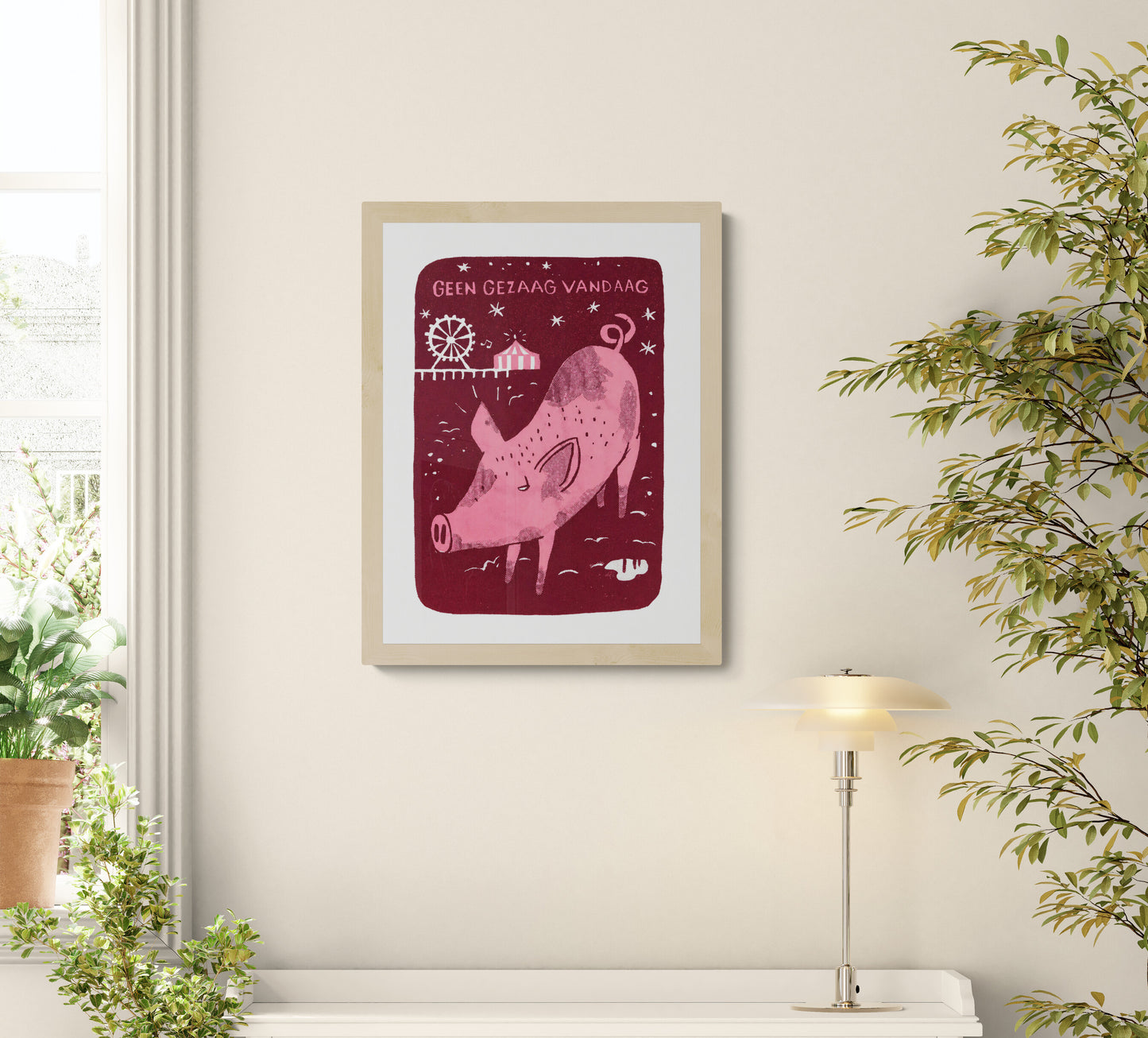 Pink pig walking at night near a small fairground in a whimsical red landscape, humorous 2-colour screen print by Dennis Dellaert, playful limited edition wall art for modern home decor