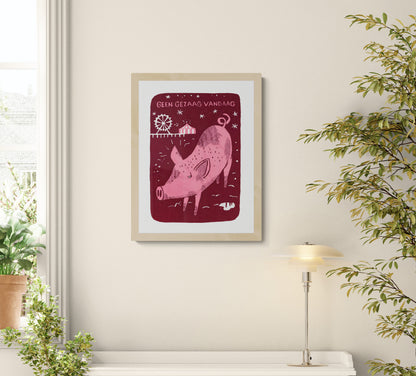 Pink pig walking at night near a small fairground in a whimsical red landscape, humorous 2-colour screen print by Dennis Dellaert, playful limited edition wall art for modern home decor