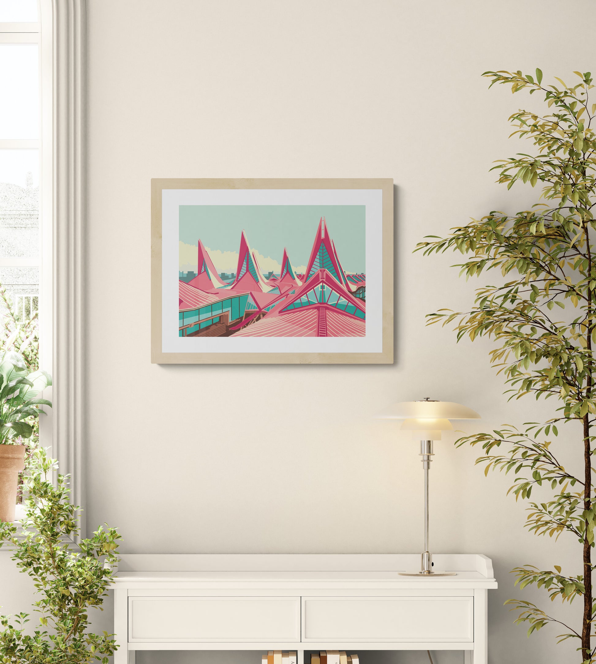 Vlinderpaleis Antwerp courthouse illustration by Gert Paenen featuring the iconic modern architecture of the Antwerp Justice Palace in bold geometric colors, 30x40 cm digital art print.