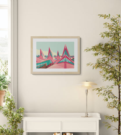 Vlinderpaleis Antwerp courthouse illustration by Gert Paenen featuring the iconic modern architecture of the Antwerp Justice Palace in bold geometric colors, 30x40 cm digital art print.