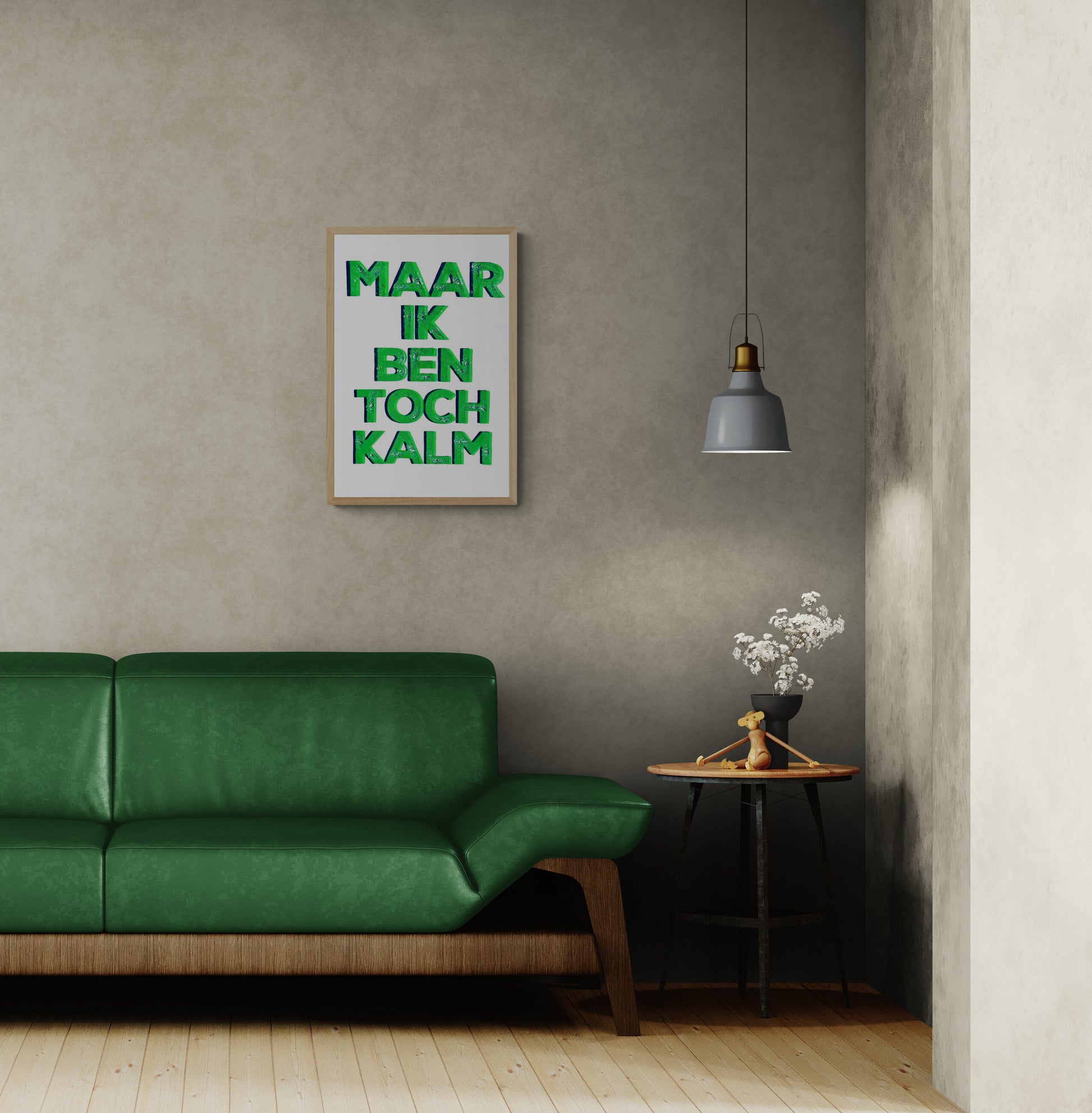 Hand-pulled A3 screen print reading “Maar Ik Ben Toch Kalm” in fluorescent green typography, printed with layered inks on white paper, contemporary Belgian graphic wall art.