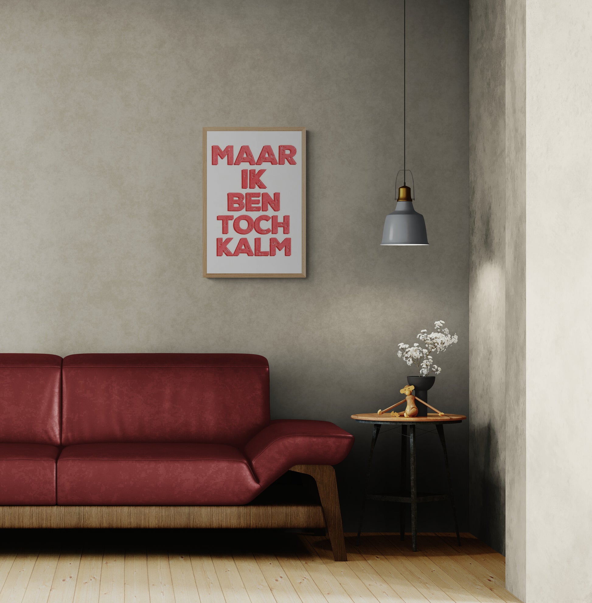 Hand-pulled A3 screen print reading “Maar Ik Ben Toch Kalm” in bold pink typography, printed with layered inks on white paper, contemporary Belgian graphic wall art.