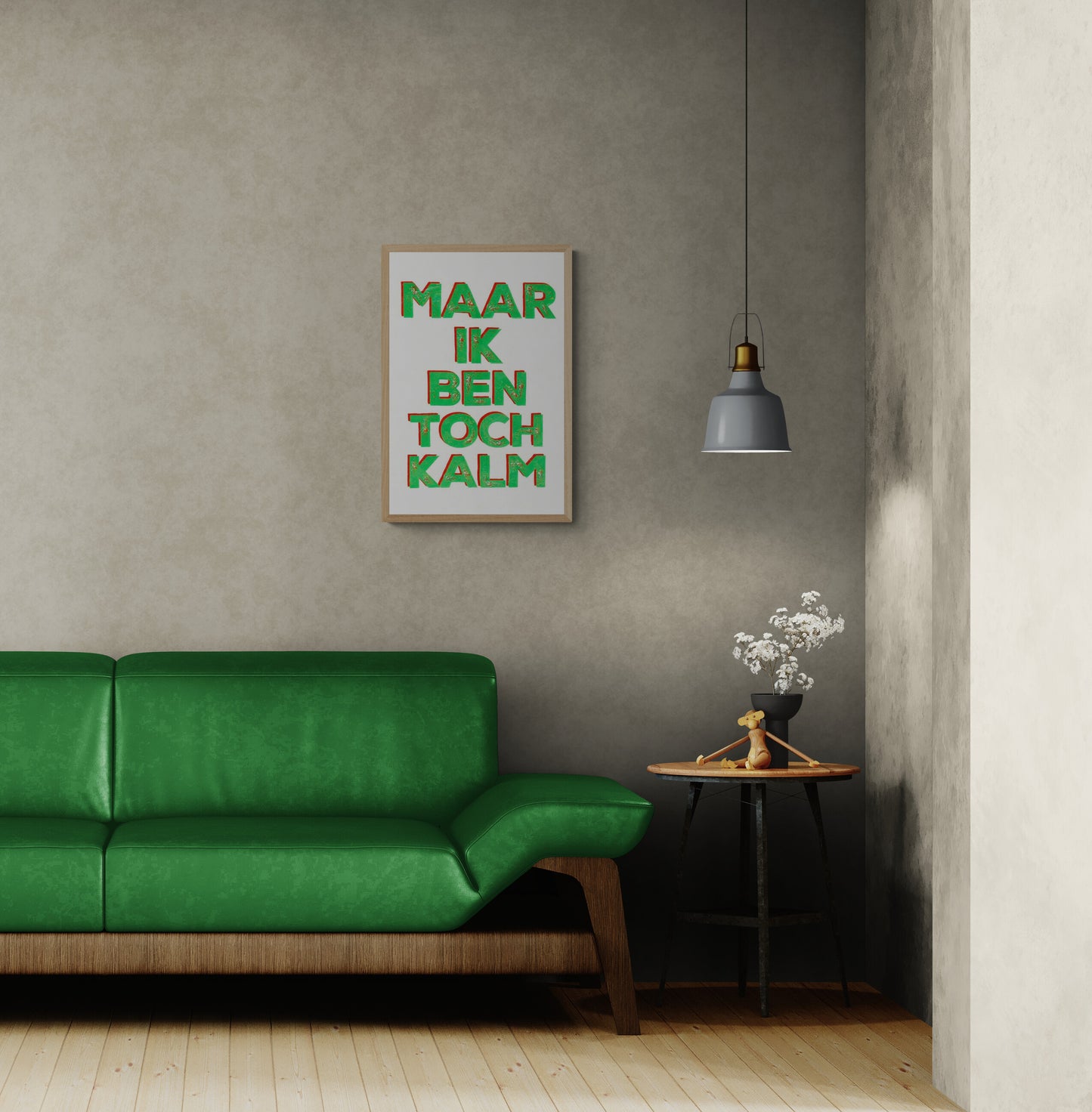 Hand-pulled A3 screen print reading “Maar Ik Ben Toch Kalm” in fluorescent green typography, printed with layered inks on white paper, contemporary Belgian graphic wall art.