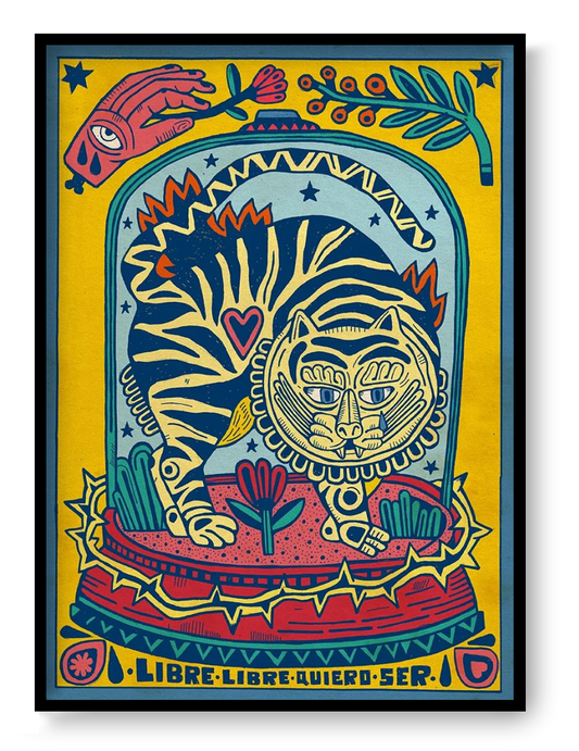 Colorful A3 digital art print titled “Libre, libre quiero ser” by Asis Percales featuring a stylized tiger with bold tattoo-inspired lines, folk symbolism, bright yellow, red and blue tones, contemporary statement wall art.