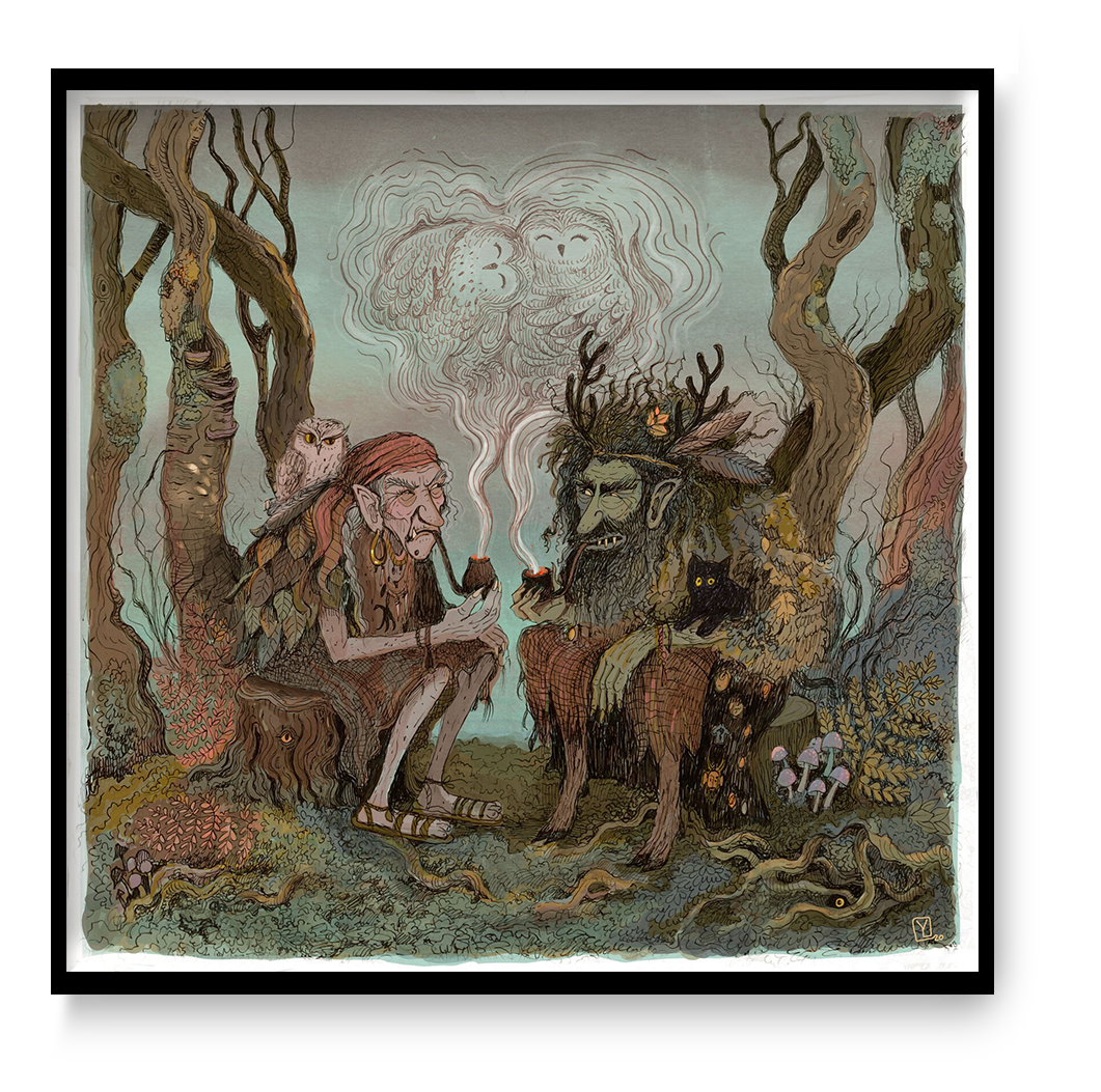 Square giclée print of two folklore forest beings smoking pipes beneath owl-shaped smoke, drawn in muted green, brown and dusty pink tones; detailed storybook wall art for a living room, study or reading nook.