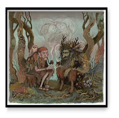 Square giclée print of two folklore forest beings smoking pipes beneath owl-shaped smoke, drawn in muted green, brown and dusty pink tones; detailed storybook wall art for a living room, study or reading nook.