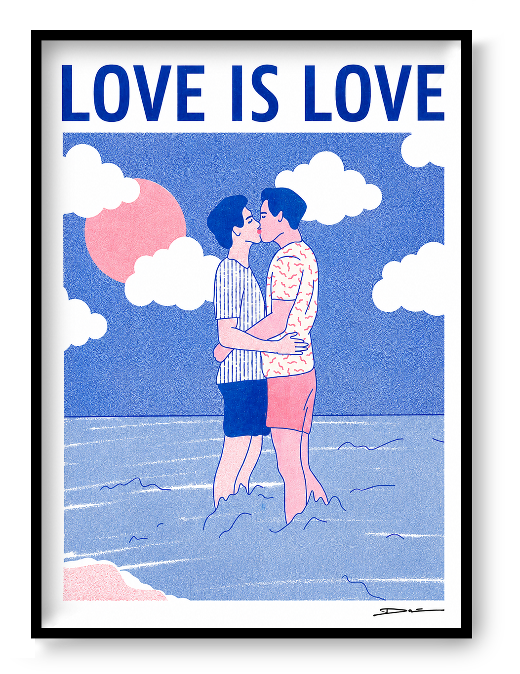 Romantic risograph print of two men kissing in the ocean under a pink sun with the text “Love is Love” – LGBTQ+ art by Studio Stoutpoep, A3 size