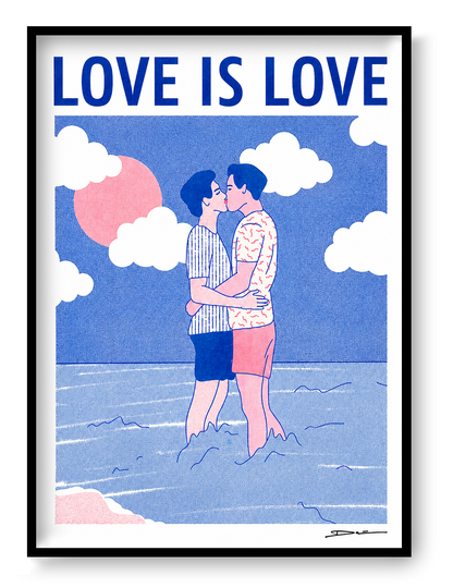 Romantic risograph print of two men kissing in the ocean under a pink sun with the text “Love is Love” – LGBTQ+ art by Studio Stoutpoep, A3 size