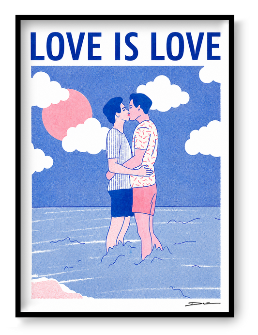 Romantic risograph print of two men kissing in the ocean under a pink sun with the text “Love is Love” – LGBTQ+ art by Studio Stoutpoep, A3 size