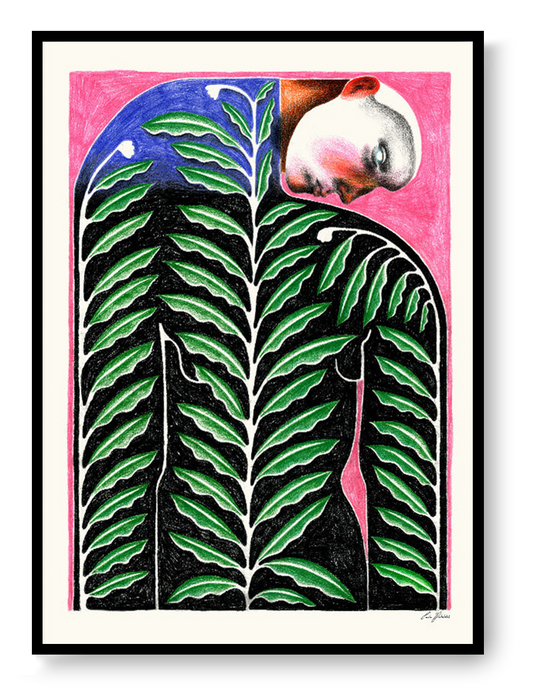 Love Grows by Carla Petelski, contemporary digital art print featuring a surreal human figure covered in green botanical leaves against a vivid pink background, expressive symbolic wall art for modern interiors