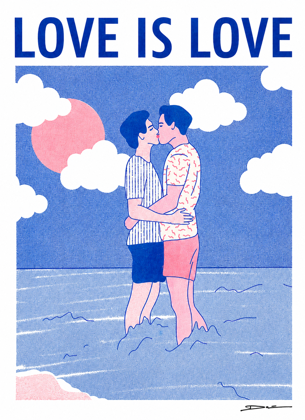 Romantic risograph print of two men kissing in the ocean under a pink sun with the text “Love is Love” – LGBTQ+ art by Studio Stoutpoep, A3 size