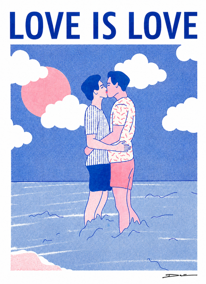 Romantic risograph print of two men kissing in the ocean under a pink sun with the text “Love is Love” – LGBTQ+ art by Studio Stoutpoep, A3 size