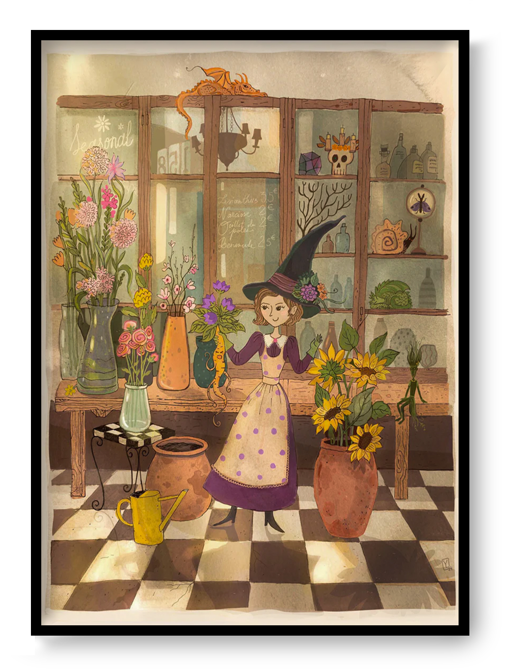 Mandrake by Lena Yampolski, whimsical witchcore illustration featuring a magical botanical apothecary filled with plants, mandrakes, potions, flowers, and fantasy creatures in warm earthy tones. Vertical A4 Giclée wall art for cozy home decor.