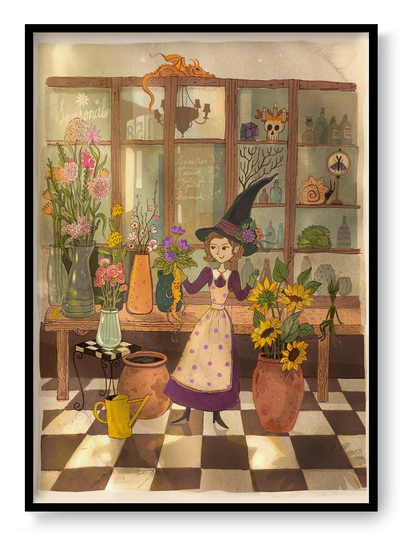 Mandrake by Lena Yampolski, whimsical witchcore illustration featuring a magical botanical apothecary filled with plants, mandrakes, potions, flowers, and fantasy creatures in warm earthy tones. Vertical A4 Giclée wall art for cozy home decor.