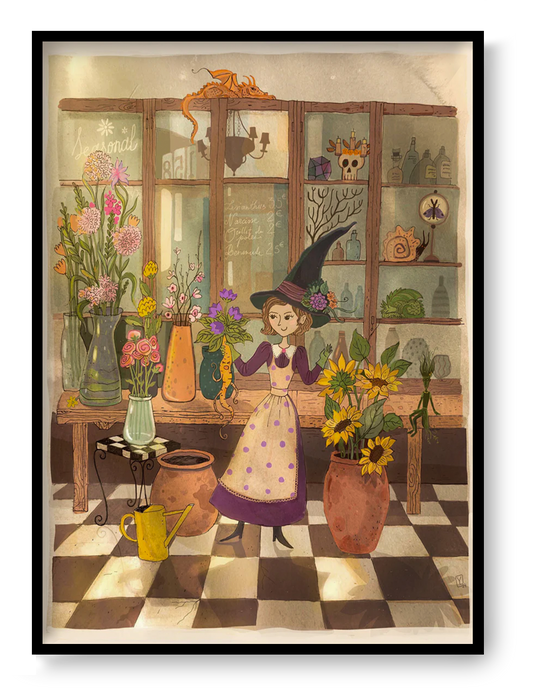 Mandrake by Lena Yampolski, whimsical witchcore illustration featuring a magical botanical apothecary filled with plants, mandrakes, potions, flowers, and fantasy creatures in warm earthy tones. Vertical A4 Giclée wall art for cozy home decor.