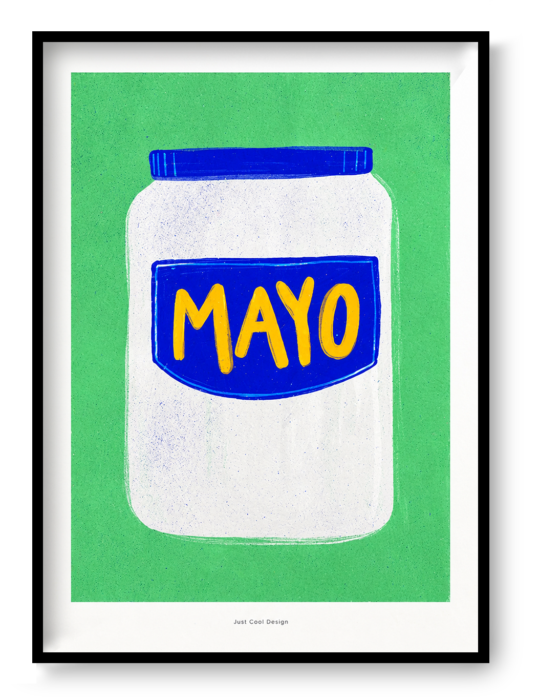 Minimalist illustration of a mayonnaise jar with a blue label and yellow lettering on a bright green background. Contemporary giclée art print in portrait format, ideal for kitchen wall decor and modern interiors.