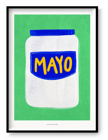 Minimalist illustration of a mayonnaise jar with a blue label and yellow lettering on a bright green background. Contemporary giclée art print in portrait format, ideal for kitchen wall decor and modern interiors.
