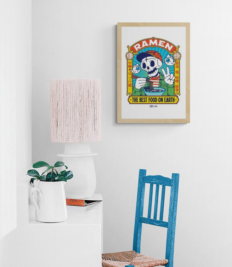 Ramen Best Food art print by Yeaaah Studio featuring skeleton character eating ramen with colorful Japanese pop culture illustration kitchen wall decor
