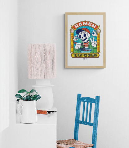 Ramen Best Food art print by Yeaaah Studio featuring skeleton character eating ramen with colorful Japanese pop culture illustration kitchen wall decor