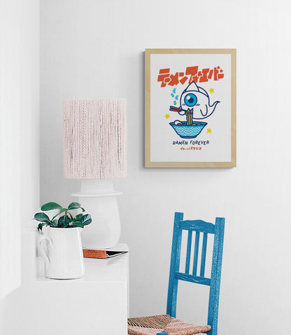Ramen Forever poster by Yeaaah Studio showing cute Japanese ghost character eating ramen in colorful modern pop art style kitchen wall decoration