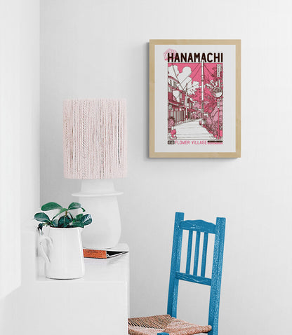 Hanamachi Flower Village poster by Paiheme Studio showing peaceful traditional Kyoto street with cherry blossoms and pink sky Japanese neighborhood illustration