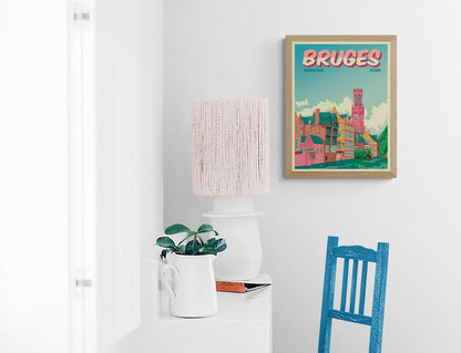 Bruges Rozenhoedkaai poster by Studio Frits showing iconic canal houses and Belfry tower in Bruges Belgium, colorful travel wall art for home or office decor