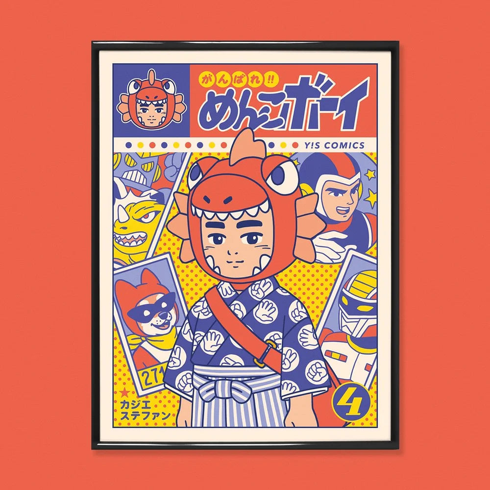 Ganbare! Menko Boy art print by Yeaaah! Studio, inspired by Shōwa-era Japanese manga and tokusatsu, available in A4 and 30x40 cm sizes, printed in France on 300g Old Mill Premium White paper, featuring a retro comic-style boy in a dinosaur costume surrounded by colorful hero characters.