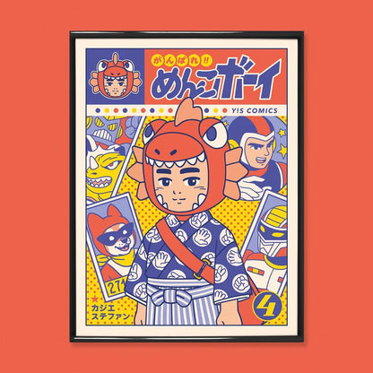 Ganbare! Menko Boy art print by Yeaaah! Studio, inspired by Shōwa-era Japanese manga and tokusatsu, available in A4 and 30x40 cm sizes, printed in France on 300g Old Mill Premium White paper, featuring a retro comic-style boy in a dinosaur costume surrounded by colorful hero characters.