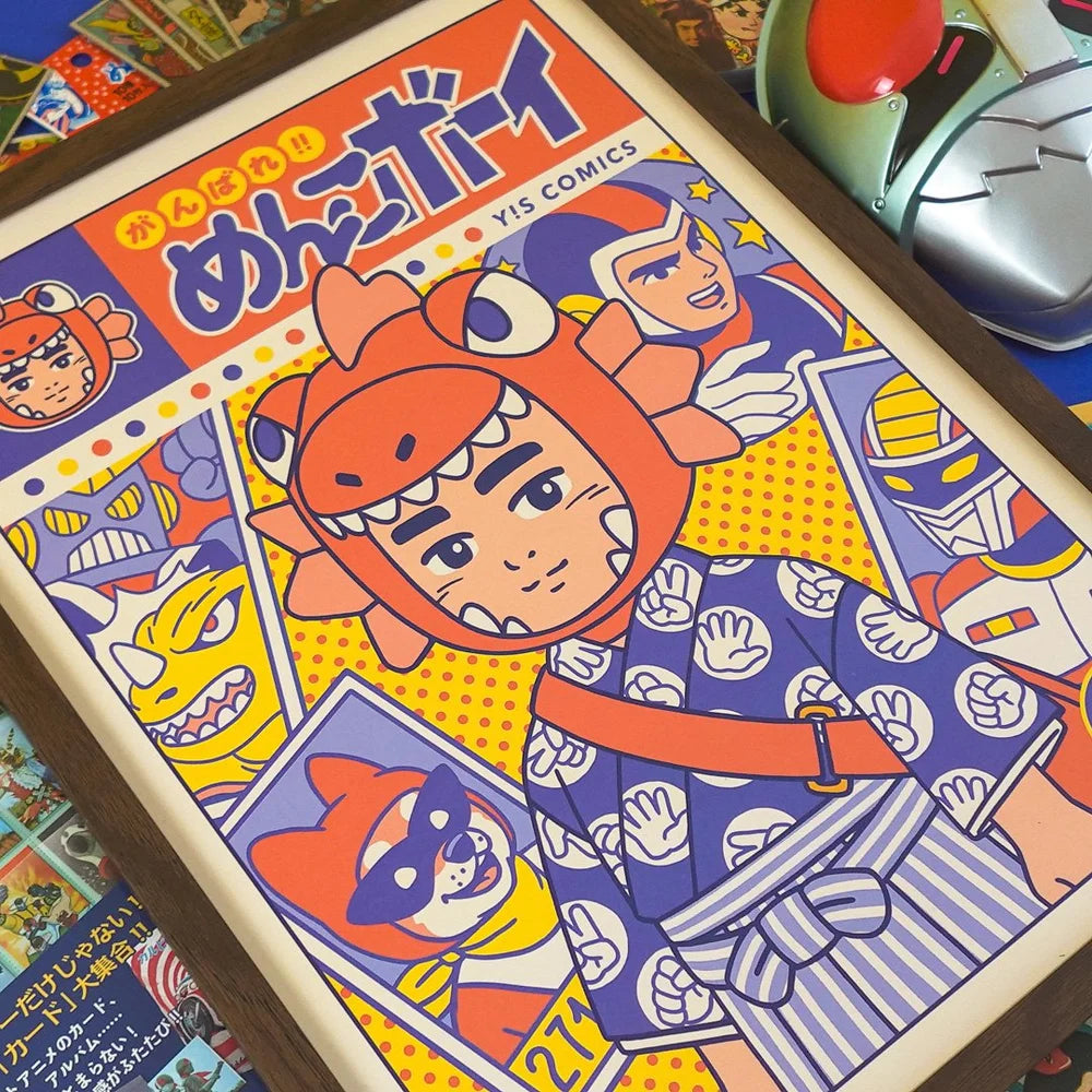 Ganbare! Menko Boy art print by Yeaaah! Studio, inspired by Shōwa-era Japanese manga and tokusatsu, available in A4 and 30x40 cm sizes, printed in France on 300g Old Mill Premium White paper, featuring a retro comic-style boy in a dinosaur costume surrounded by colorful hero characters.