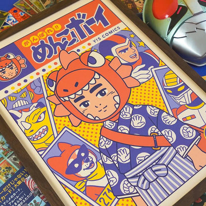 Ganbare! Menko Boy art print by Yeaaah! Studio, inspired by Shōwa-era Japanese manga and tokusatsu, available in A4 and 30x40 cm sizes, printed in France on 300g Old Mill Premium White paper, featuring a retro comic-style boy in a dinosaur costume surrounded by colorful hero characters.