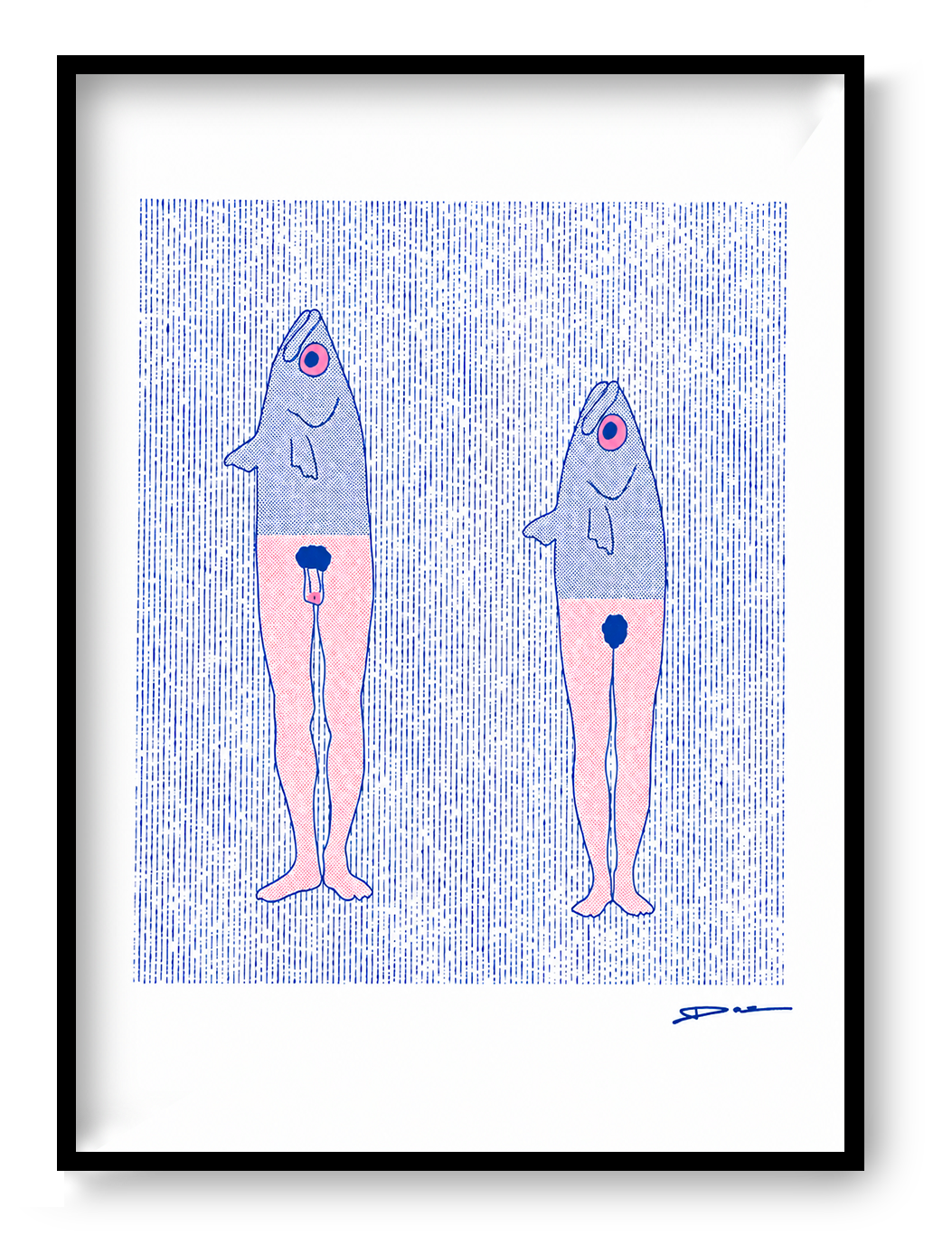Humorous risograph art print featuring two surreal anthropomorphic fish-mermaids in blue and pink tones, minimalist graphic illustration with textured risograph pattern, vertical composition, playful contemporary wall art for modern home decor.