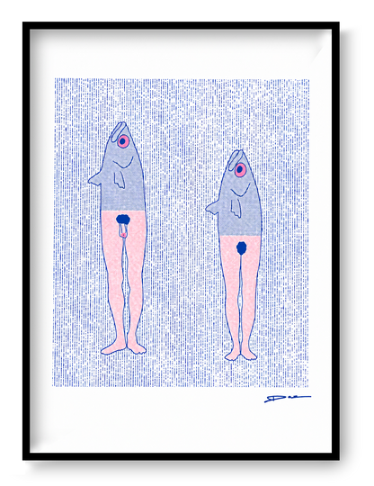Humorous risograph art print featuring two surreal anthropomorphic fish-mermaids in blue and pink tones, minimalist graphic illustration with textured risograph pattern, vertical composition, playful contemporary wall art for modern home decor.