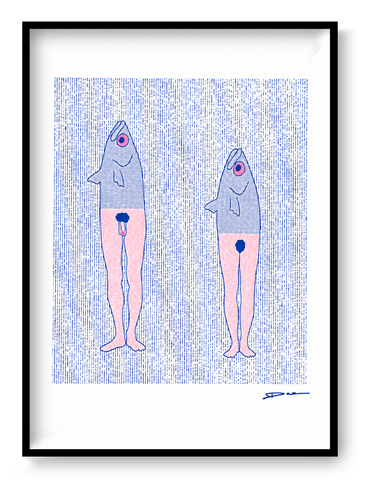 Humorous risograph art print featuring two surreal anthropomorphic fish-mermaids in blue and pink tones, minimalist graphic illustration with textured risograph pattern, vertical composition, playful contemporary wall art for modern home decor.