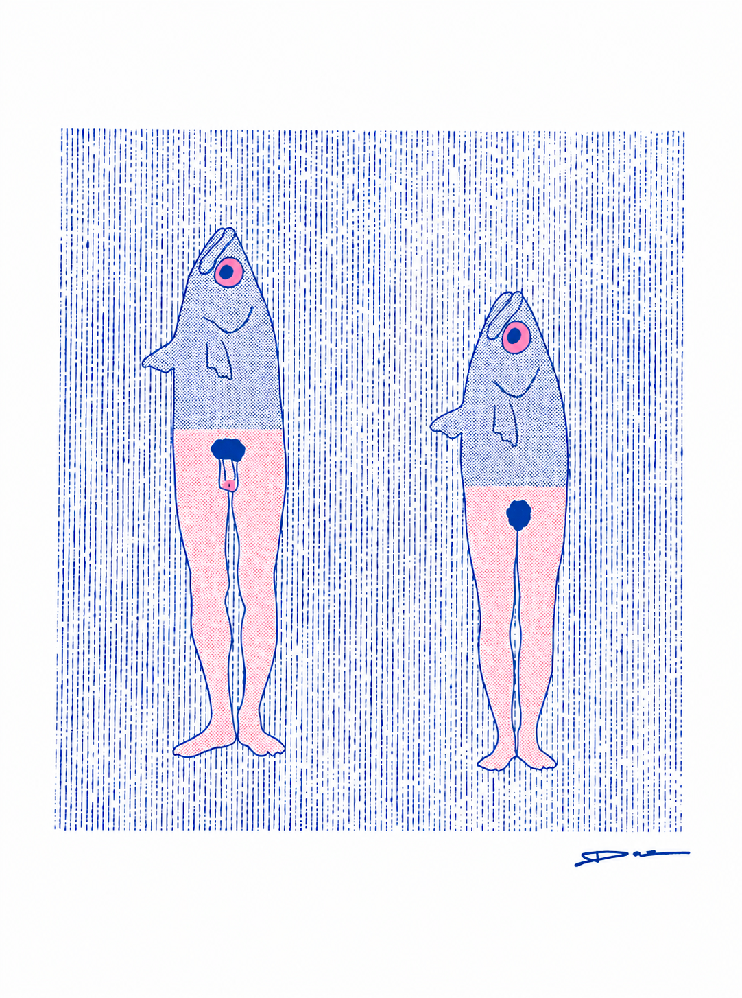 Humorous risograph art print featuring two surreal anthropomorphic fish-mermaids in blue and pink tones, minimalist graphic illustration with textured risograph pattern, vertical composition, playful contemporary wall art for modern home decor.