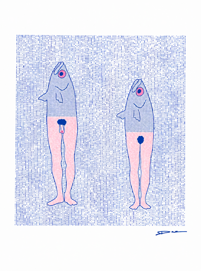 Humorous risograph art print featuring two surreal anthropomorphic fish-mermaids in blue and pink tones, minimalist graphic illustration with textured risograph pattern, vertical composition, playful contemporary wall art for modern home decor.