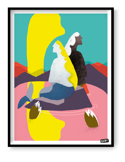Mermaids 3 by Gert Paenen, colorful digital art print featuring abstract mermaid figures in a dreamlike landscape with bold yellow, turquoise, pink, purple, and coral tones, contemporary Belgian illustration for modern wall decor.