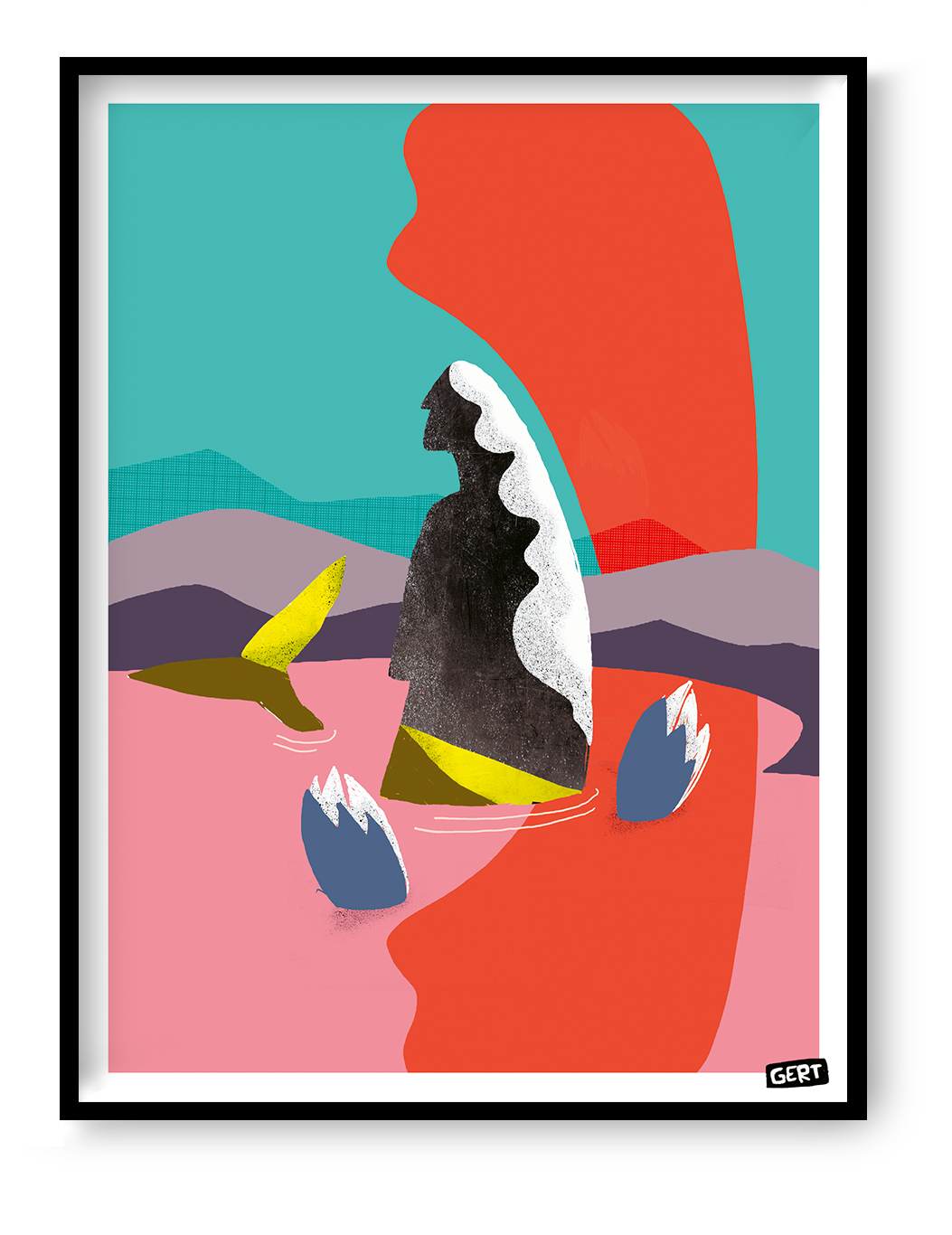 Mermaids 1 by Gert Paenen, colorful contemporary digital art print featuring a mysterious female silhouette in a surreal landscape with vibrant pink, turquoise, orange and purple tones, modern illustration wall art for contemporary interiors.