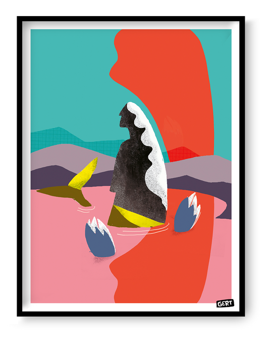 Mermaids 1 by Gert Paenen, colorful contemporary digital art print featuring a mysterious female silhouette in a surreal landscape with vibrant pink, turquoise, orange and purple tones, modern illustration wall art for contemporary interiors.