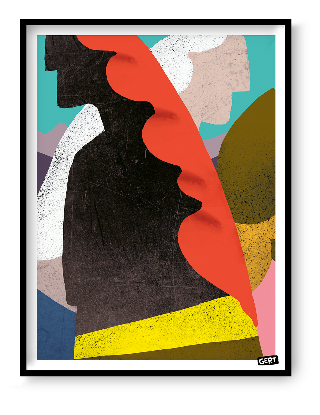 Mermaids 4 by Gert Paenen, colorful abstract digital art print featuring stylized mermaid-inspired forms in bold coral red, black, yellow, turquoise, and pastel tones, contemporary modern wall art for creative interiors and gallery walls.