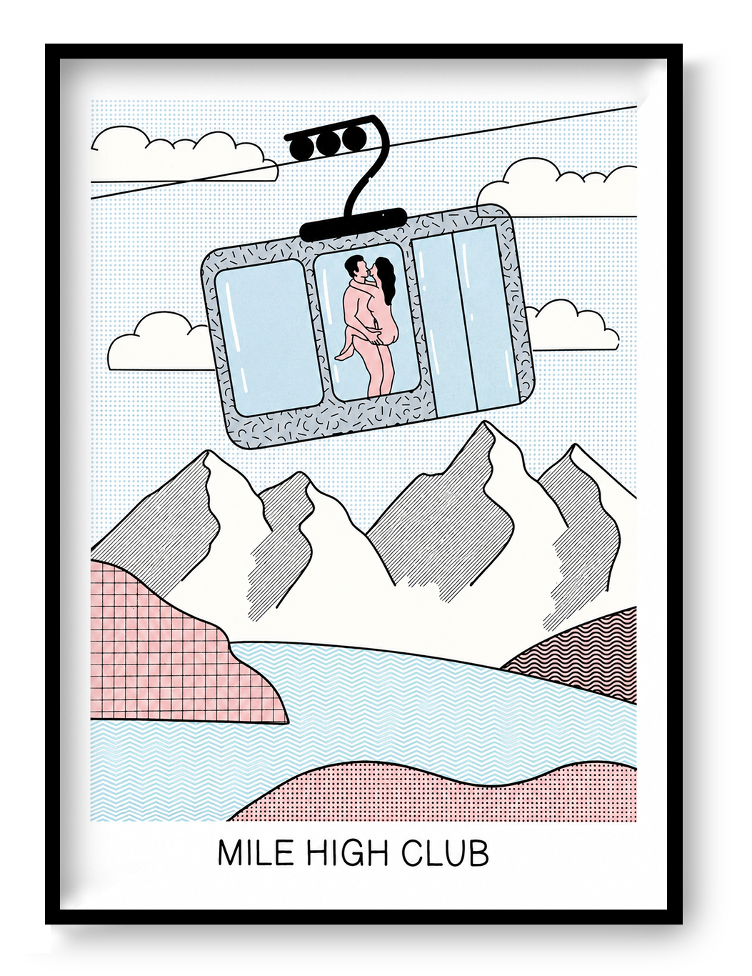 Screenprint artwork titled “Mile High Club” by Studio Stoutpoep showing a naked couple embracing inside a ski gondola with mountain views in the background. A3 size, made in Belgium, humorous and erotic pop art style.