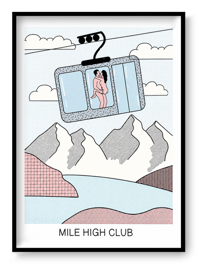 Screenprint artwork titled “Mile High Club” by Studio Stoutpoep showing a naked couple embracing inside a ski gondola with mountain views in the background. A3 size, made in Belgium, humorous and erotic pop art style.