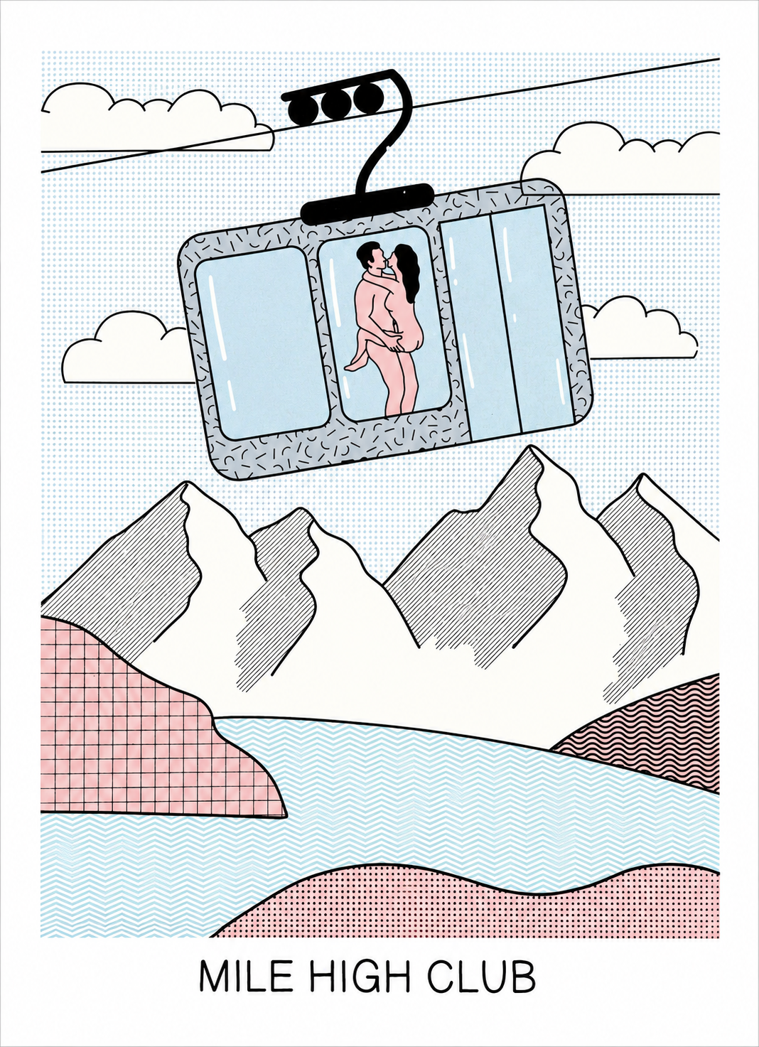 Screenprint artwork titled “Mile High Club” by Studio Stoutpoep showing a naked couple embracing inside a ski gondola with mountain views in the background. A3 size, made in Belgium, humorous and erotic pop art style.