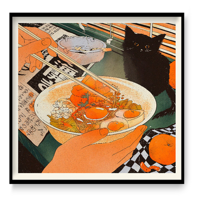 Midnight Noodles by Enikő Eged, 50 x 50 cm archival giclée art print featuring a cozy noodle bowl scene with a black cat, warm orange tones, and Japanese-inspired details.