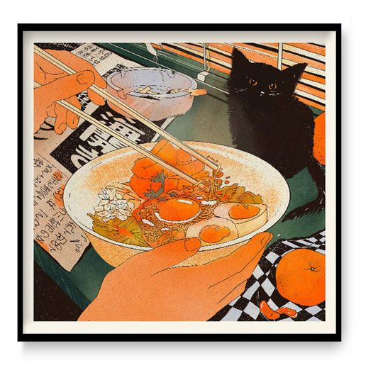 Midnight Noodles by Enikő Eged, 50 x 50 cm archival giclée art print featuring a cozy noodle bowl scene with a black cat, warm orange tones, and Japanese-inspired details.