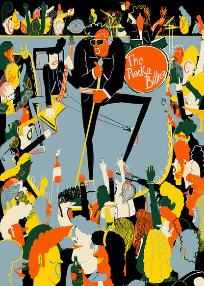 Colorful giclée print by Spanish illustrator Miguel Manich titled “The Rockabillies,” featuring an energetic rock band and a lively dancing crowd in vivid tones, 40x50 cm.