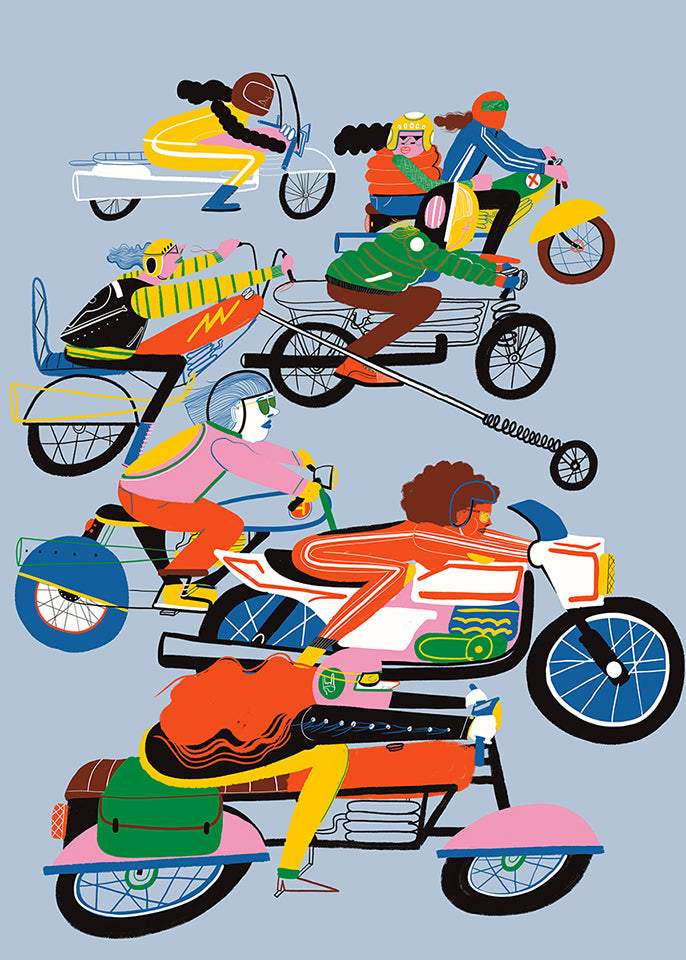Colorful giclée art print by Miguel Manich featuring dynamic women riding motorcycles in vivid pink, yellow, green, and blue tones on a soft blue background, celebrating speed and freedom.