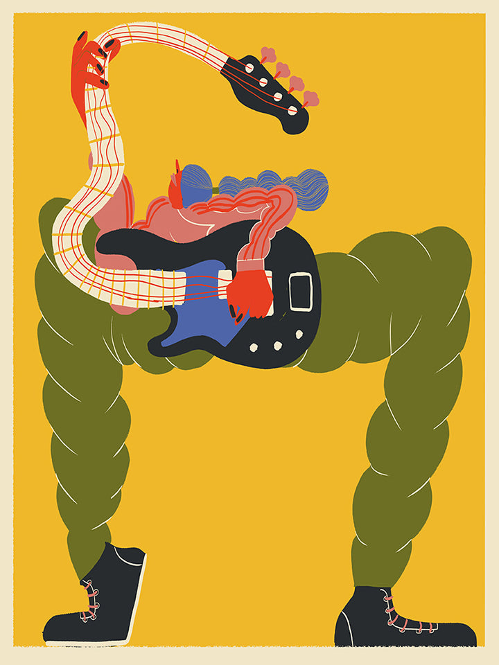 Colorful art print by Miguel Manich showing a surreal figure with braided green legs, dynamic red arms, and a bold electric guitar — a playful, modern tribute to music and rock culture.